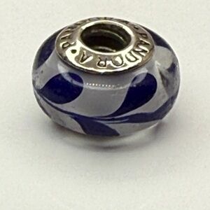 Pandora Translucent gray Murano glass with deep cobalt blue swirl detailing